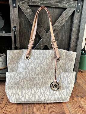 Michael Kors Jet Set Travel Large Logo Tote Bag White & Brown